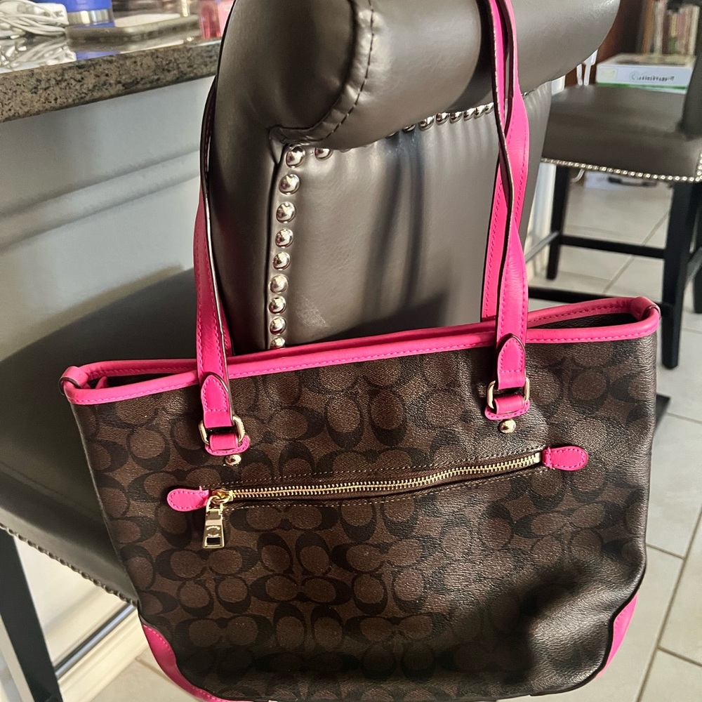 Coach Brown Signature Tote with Hot Pink Trim and Tag - Picture 2 of 8